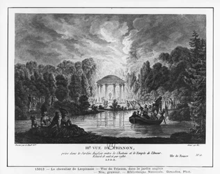 Dritte Ansicht von Trianon, aufgenommen aus dem englischen Garten zwischen dem Schloss und dem Tempel der Liebe, graviert von Francois Denis Nee (1732-1817)